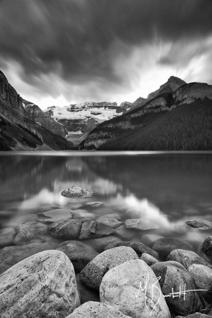 Although not remote (literally a giant hotel was right behind me) Lake Louise is impressive, turquoise waters and glacier covered peaks. I spent sunset shooting the shores w/ long exposures and although I love the turquoise waters, something about the contrast of this image in black and white set the mood for the late afternoon storms that had moved through the area.
